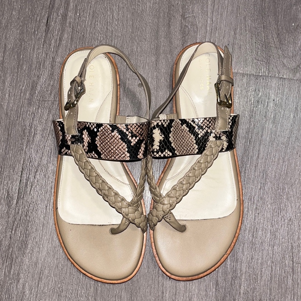 COLE HAAN GRAND Leather Braided Nude Taupe Snake Skin Print Sandals